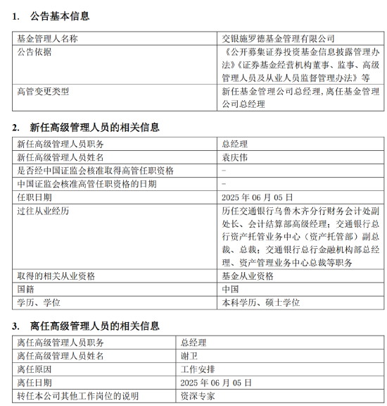 千亿基金“换帅”：(💑)27年老将(🖼)谢卫转任专家，袁庆伟接任总经理